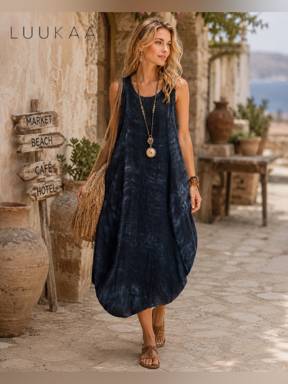 LUUKAA Dark Navy Tie-Dye Sleeveless Lagenlook Asymmetrical Bubble Maxi Dress